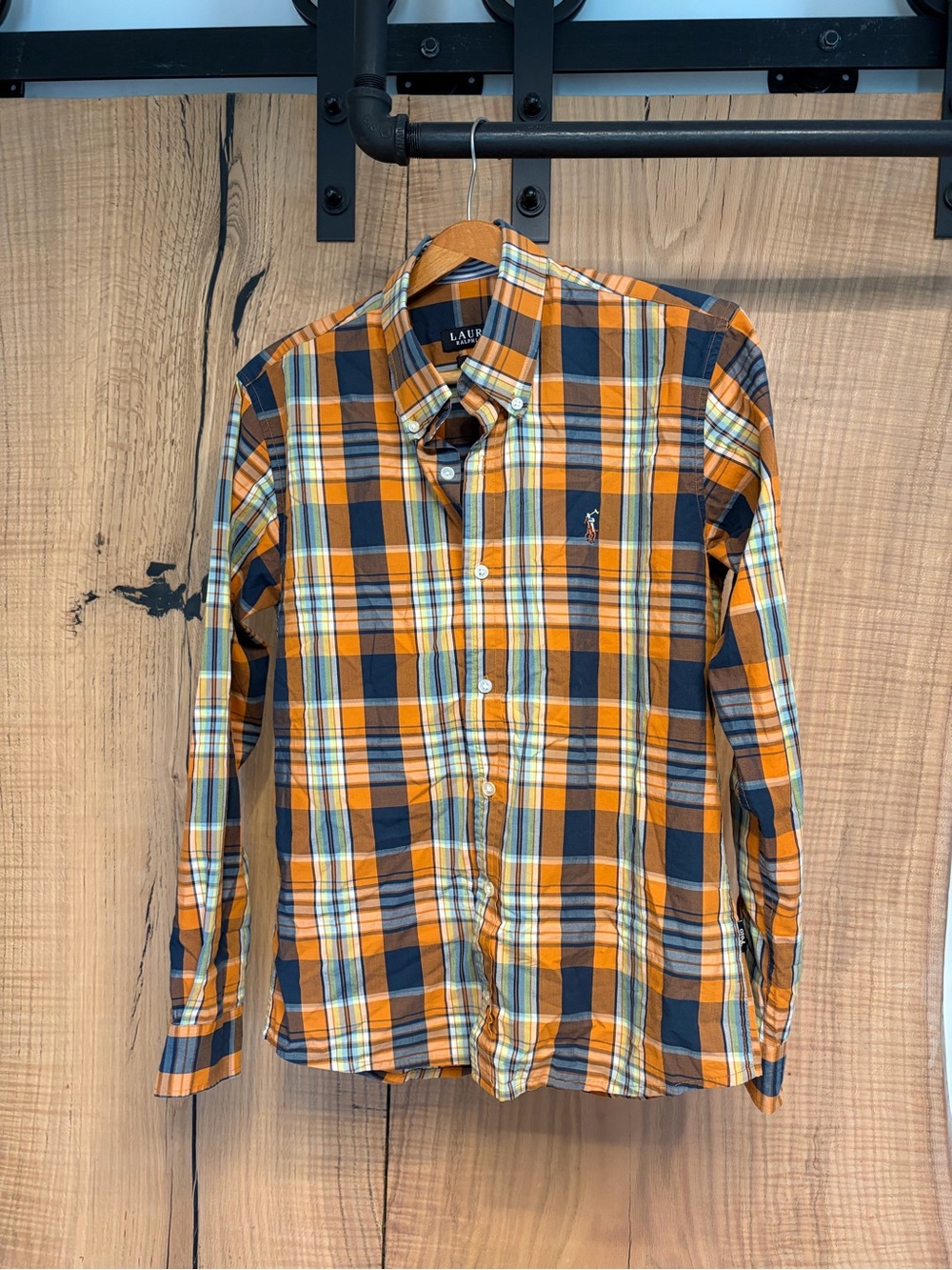 Polo by Ralph Lauren Orange Navy Plaid Cotton Button-Down Shirt Size Med